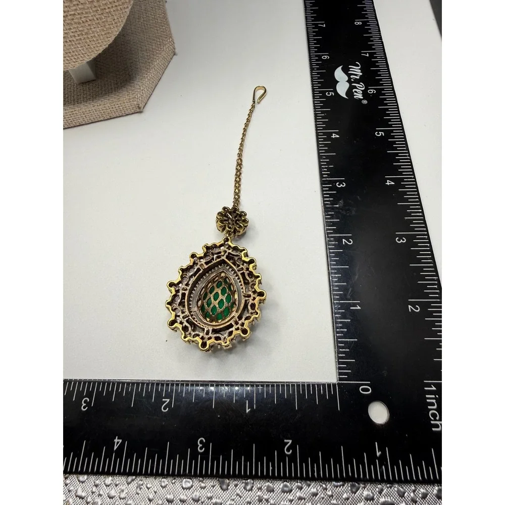Emerald Green Maang Tikka Gold Tone Crystal Indian Bridal Headpiece Jewelry